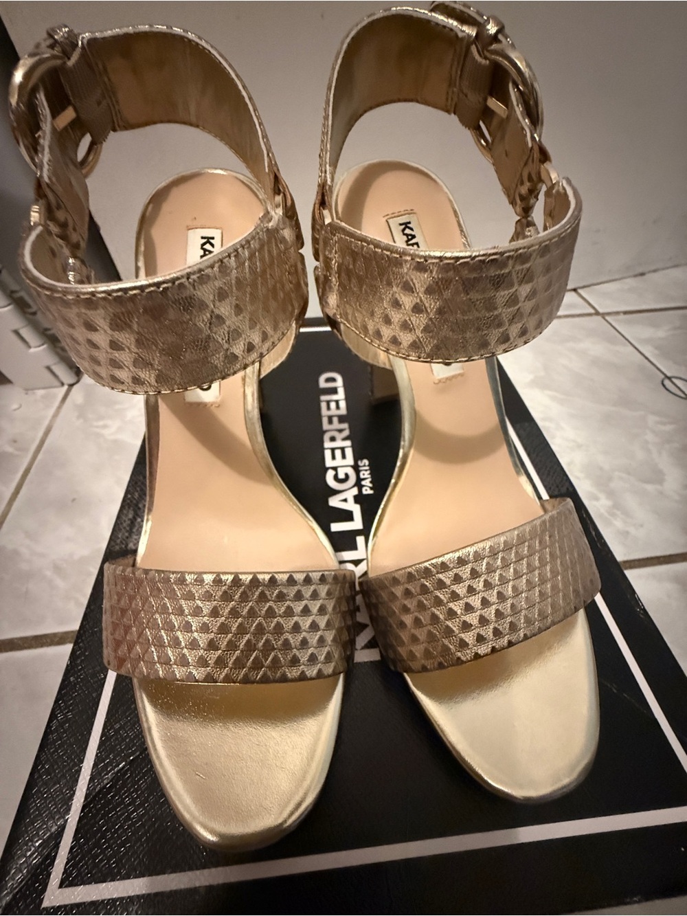 Karl Lagerfeld Gold Textured Block Heel Sandals